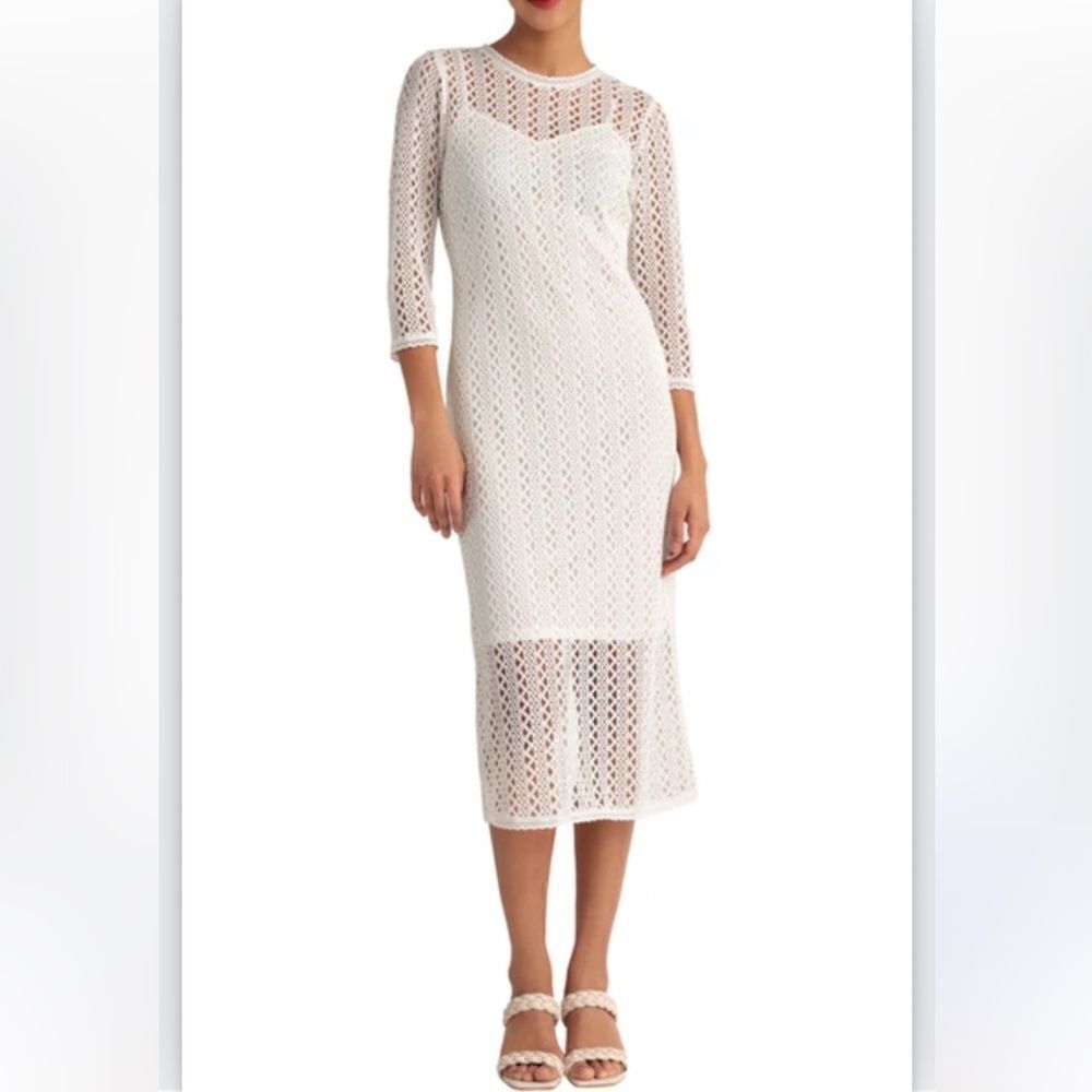Donna Morgan Ivory Crochet 3/4 Sleeve Midi Dress